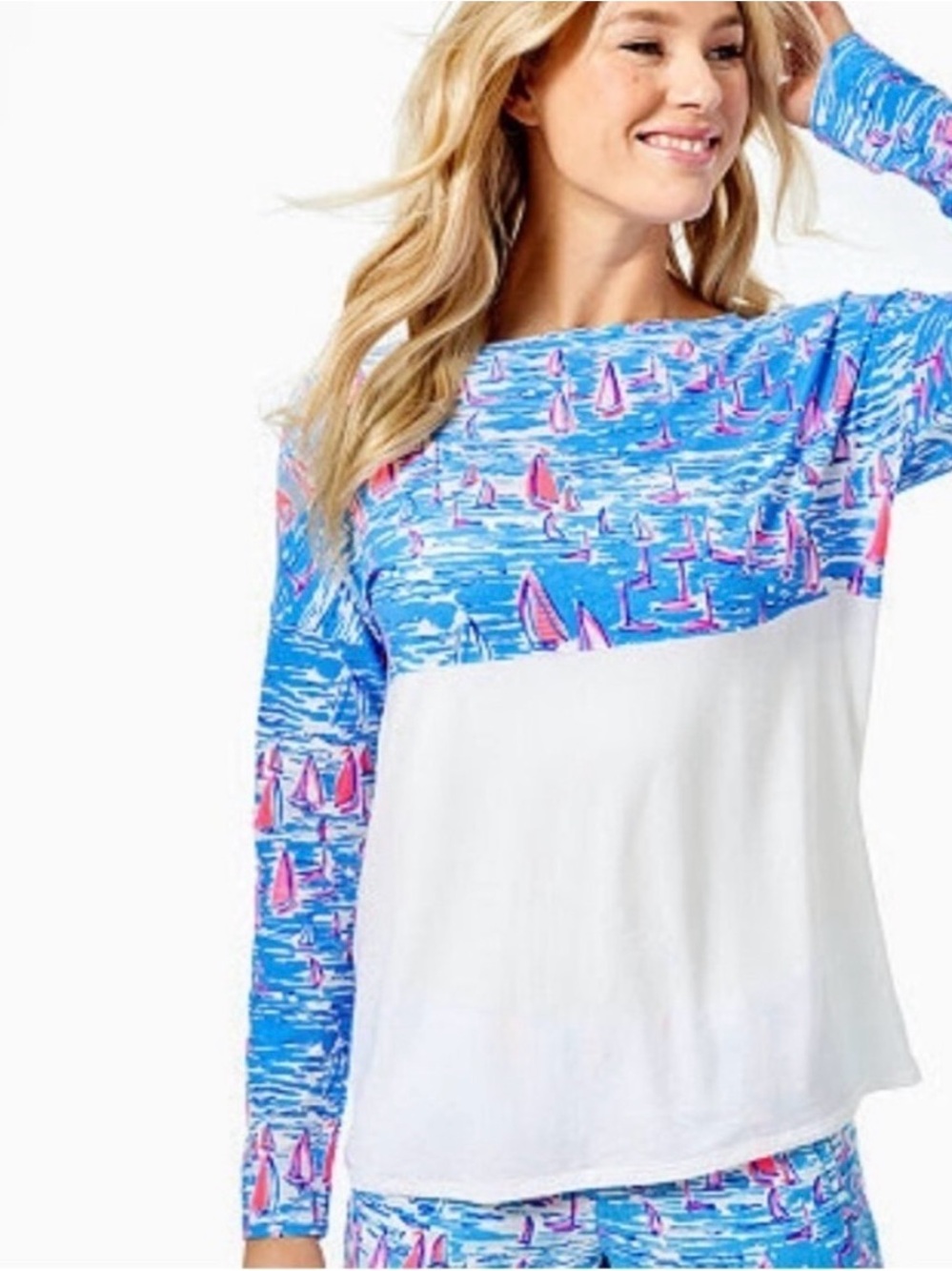 EUC Lilly Pulitzer Finn Blue & Pink Sailboat Colorblock Long-Sleeve Top